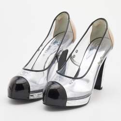 Pre Owned Chanel Black/Transparent Patent Leather and PVC CC Cap Toe Pumps Size 38.5