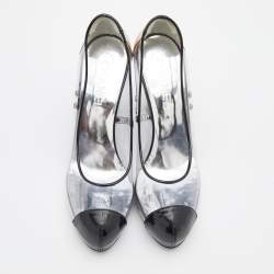 Pre Owned Chanel Black/Transparent Patent Leather and PVC CC Cap Toe Pumps Size 38.5
