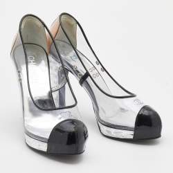 Pre Owned Chanel Black/Transparent Patent Leather and PVC CC Cap Toe Pumps Size 38.5