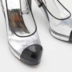 Pre Owned Chanel Black/Transparent Patent Leather and PVC CC Cap Toe Pumps Size 38.5