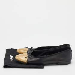Pre Owned Chanel Black/Gold Leather CC Cap Toe Bow Ballet Flats Size 38.5