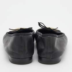 Pre Owned Chanel Black/Gold Leather CC Cap Toe Bow Ballet Flats Size 38.5