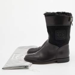 Chanel Black Leather and Suede Fur Lined Ankle Length Boots Size 37 