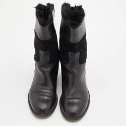 Chanel Black Leather and Suede Fur Lined Ankle Length Boots Size 37 