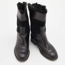 Chanel Black Leather and Suede Fur Lined Ankle Length Boots Size 37 