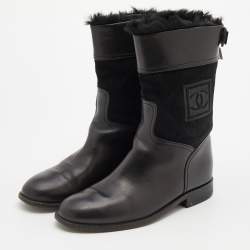 Chanel Black Leather and Suede Fur Lined Ankle Length Boots Size 37 