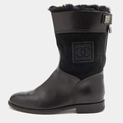 Chanel Black Leather and Suede Fur Lined Ankle Length Boots Size 37 