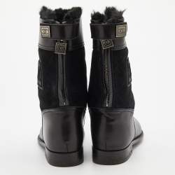 Chanel Black Leather and Suede Fur Lined Ankle Length Boots Size 37 