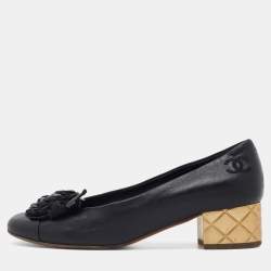 Pre Owned Chanel Black Leather Camellia Block Heel Pumps Size 37.5