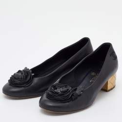 Pre Owned Chanel Black Leather Camellia Block Heel Pumps Size 37.5