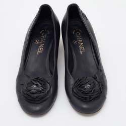 Pre Owned Chanel Black Leather Camellia Block Heel Pumps Size 37.5