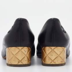 Pre Owned Chanel Black Leather Camellia Block Heel Pumps Size 37.5
