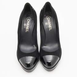 Pre Owned Chanel Black Suede and Patent Leather Cap Toe Pumps Size 39