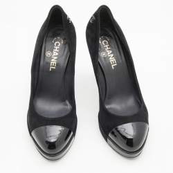 Pre Owned Chanel Black Suede and Patent Leather Cap Toe Pumps Size 39