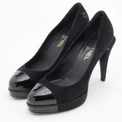 Pre Owned Chanel Black Suede and Patent Leather Cap Toe Pumps Size 39