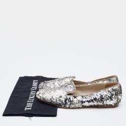 Pre Owned Chanel Silver Sequin CC Smoking Slippers Size 38.5