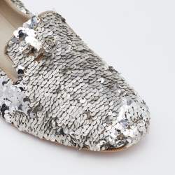 Pre Owned Chanel Silver Sequin CC Smoking Slippers Size 38.5