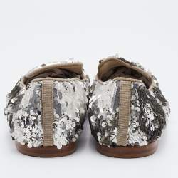 Pre Owned Chanel Silver Sequin CC Smoking Slippers Size 38.5