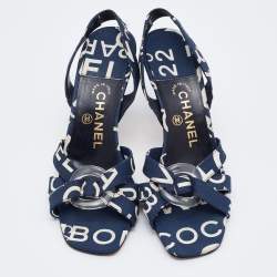 Chanel Blue/White Printed Canvas Slingback Sandals Size 37
