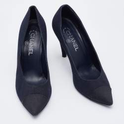 Pre Owned Chanel Navy Blue Canvas Embellished Pointed Toe Pumps Size 39.5