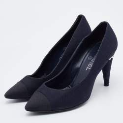 Pre Owned Chanel Navy Blue Canvas Embellished Pointed Toe Pumps Size 39.5