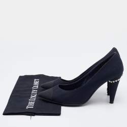 Pre Owned Chanel Navy Blue Canvas Embellished Pointed Toe Pumps Size 39.5