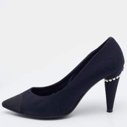 Pre Owned Chanel Navy Blue Canvas Embellished Pointed Toe Pumps Size 39.5