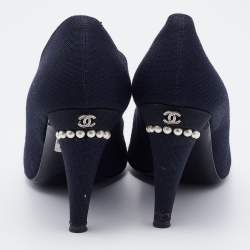 Pre Owned Chanel Navy Blue Canvas Embellished Pointed Toe Pumps Size 39.5