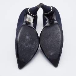 Pre Owned Chanel Navy Blue Canvas Embellished Pointed Toe Pumps Size 39.5