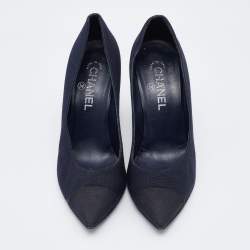 Pre Owned Chanel Navy Blue Canvas Embellished Pointed Toe Pumps Size 39.5