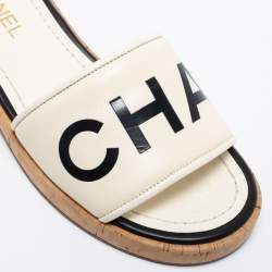 Chanel Cream Logo Leather Cork Slide Sandals Size 40.5