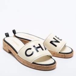 Chanel Cream Logo Leather Cork Slide Sandals Size 40.5