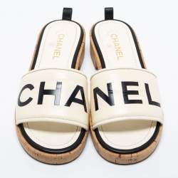Chanel Cream Logo Leather Cork Slide Sandals Size 40.5