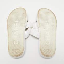 Chanel White Pleated Satin CC Turnlock Espadrille Slides Size 39