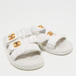 Chanel White Pleated Satin CC Turnlock Espadrille Slides Size 39