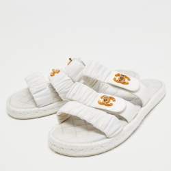Chanel White Pleated Satin CC Turnlock Espadrille Slides Size 39