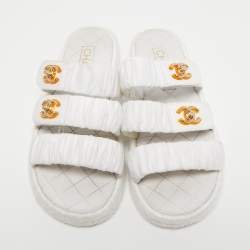 Chanel White Pleated Satin CC Turnlock Espadrille Slides Size 39
