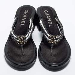 Pre Owned Chanel Black/White Fabric Embellished CC Thong Sandals Size 39