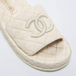 Chanel Cream Leather CC Flat Slides Size 39