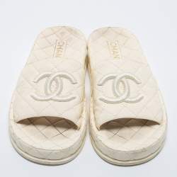 Chanel Cream Leather CC Flat Slides Size 39