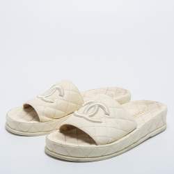 Chanel Cream Leather CC Flat Slides Size 39