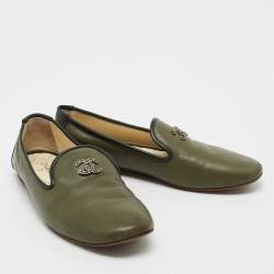 Pre Owned Chanel Olive Green Leather CC Slip On Smoking Slippers Size 36