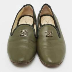 Pre Owned Chanel Olive Green Leather CC Slip On Smoking Slippers Size 36