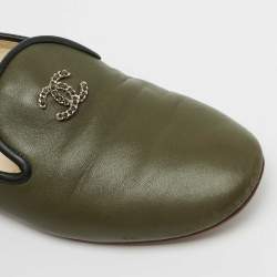 Pre Owned Chanel Olive Green Leather CC Slip On Smoking Slippers Size 36