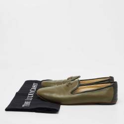 Pre Owned Chanel Olive Green Leather CC Slip On Smoking Slippers Size 36