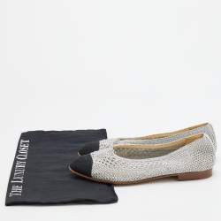 Pre Owned Chanel Silver/Black Woven Mesh and Fabric CC Cap Toe Ballet Flats Size 36.5