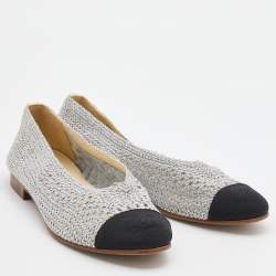 Pre Owned Chanel Silver/Black Woven Mesh and Fabric CC Cap Toe Ballet Flats Size 36.5