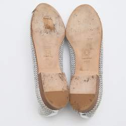 Pre Owned Chanel Silver/Black Woven Mesh and Fabric CC Cap Toe Ballet Flats Size 36.5