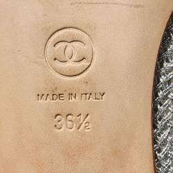 Pre Owned Chanel Silver/Black Woven Mesh and Fabric CC Cap Toe Ballet Flats Size 36.5