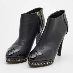 Chanel Black Patent and Leather CC Cap Toe Chain Platform Booties Size 36.5 